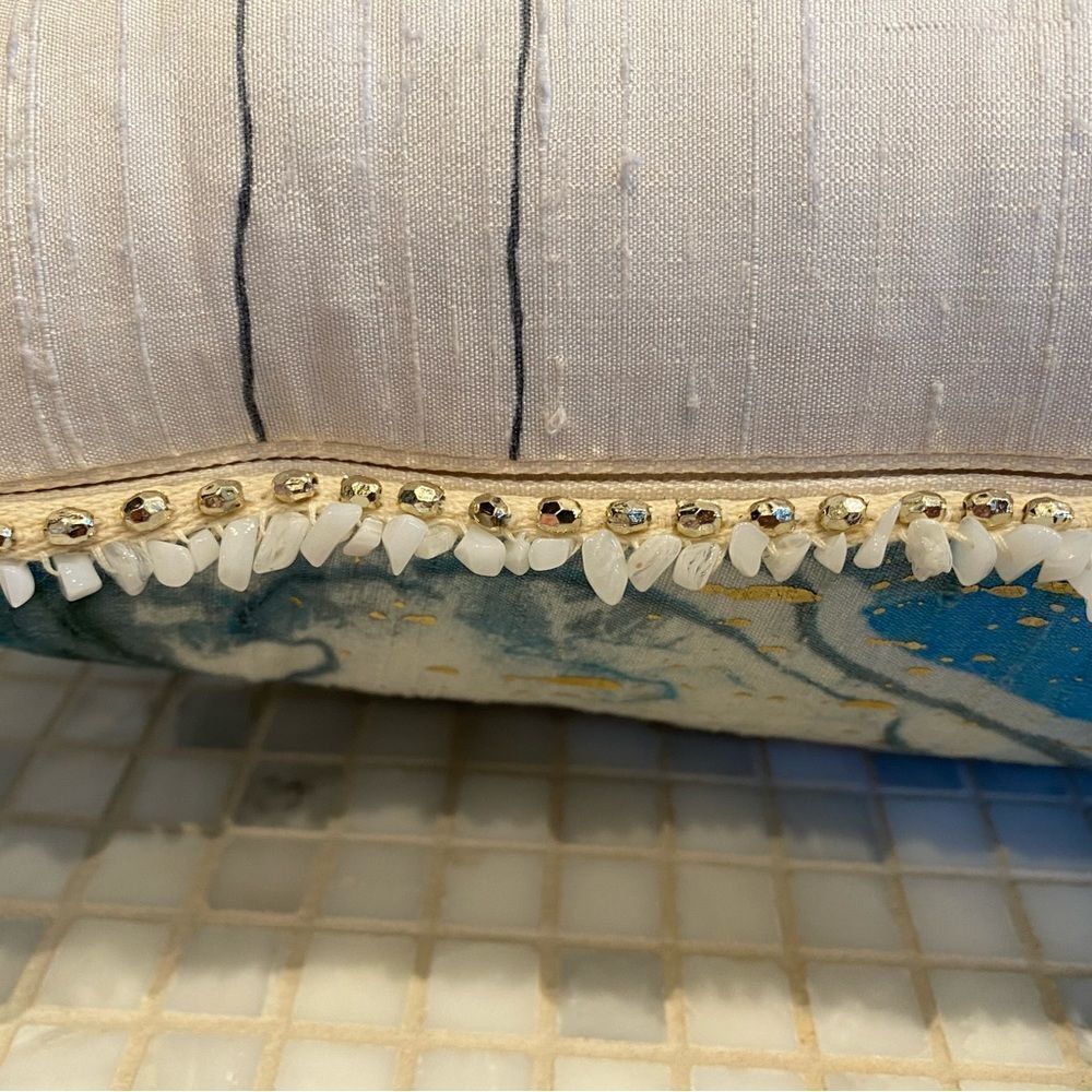 Anthropologie Silk Blue and Gold Lumbar with Stone Trim - Picture 10 of 13